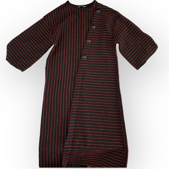 Zara Women’s Striped Jacquard Button Detail Midi Dress Red Black Size S - Picture 4 of 11